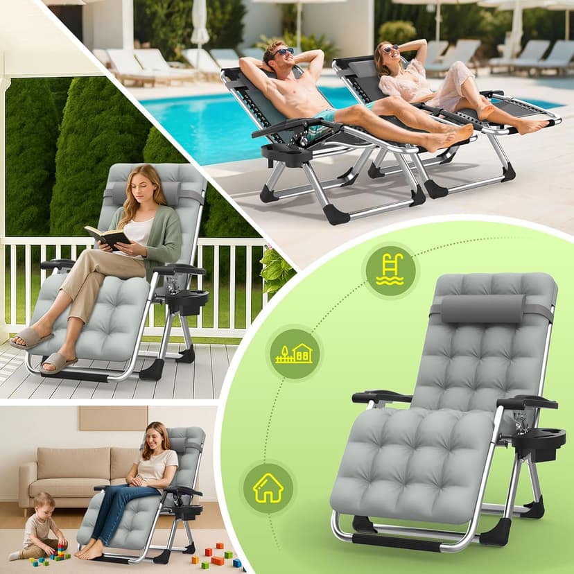 Suteck Zero Gravity Chair, Reclining Camping Lounge Chair w/Removable Cushion, Upgraded Lock and Cup Holder, Reclining Patio Chairs Folding Recliner for Indoor and Outdoor