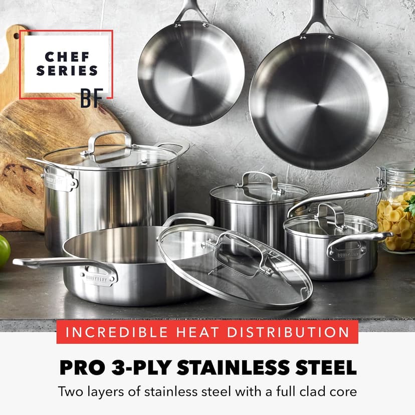 GreenPan x Bobby Flay 10 Piece Stainless Steel Cookware Set, Tri-Ply Multiclad Pots & Pans, Professional Grade, Oven & Broiler Safe to 600°F, Dishwasher Safe, Durable, Induction Compatible, Silver