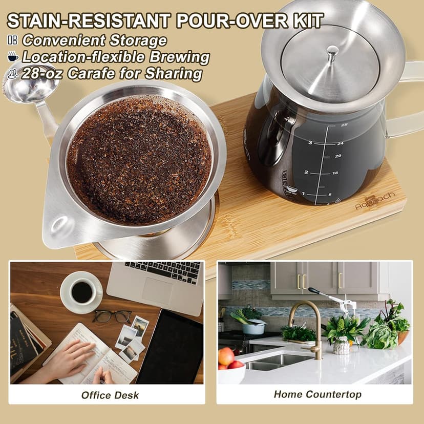 Aquach Pour Over Coffee Maker Set with Extra Large Coffee Dripper, 28 oz Glass Carafe, Stainlesss Steel Coffee Scoop and Bamboo Storage Tray, Unique Set for Home or Office