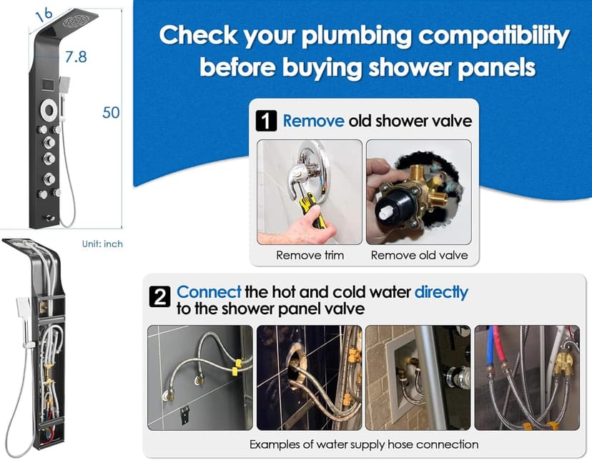 ROVOGO Shower Panel Tower System with Rainfall Mist Shower Head, Body Jets, Handheld and Tub Spout, Led Lights and Temp Display No Battery Needed, Unibody Shower Column 304 Stainless Steel Black