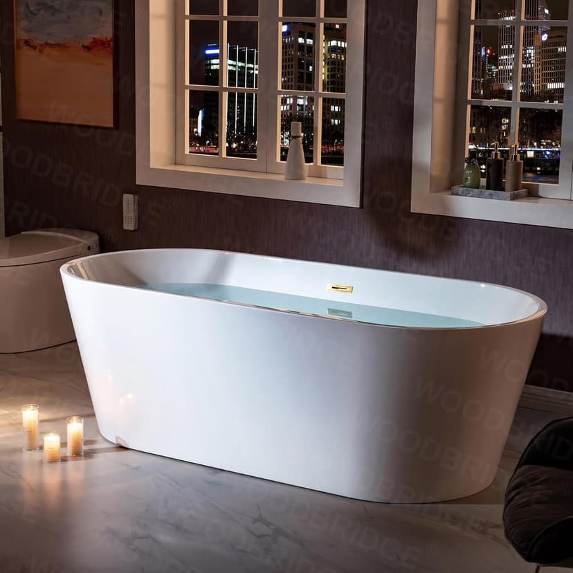 WOODBRIDGE 71" Acrylic Freestanding Bathtub Contemporary Soaking White Tub with Brushed Gold Overflow and Drain,B1701-BG