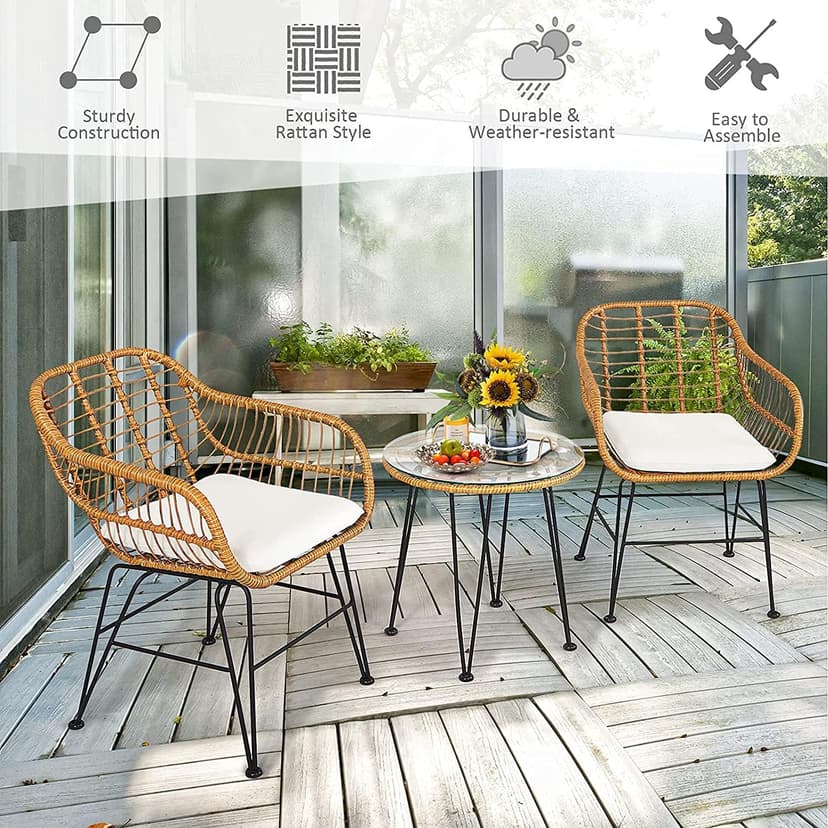 Bistro Table and Chairs Set of 2, Outdoor Patio Rattan Chair & Tempered Glass Coffee Table Set w/Removable Washable Beige Cushion Cafe Set for Indoor Balcony, Poolside, Garden (Pale Brown)
