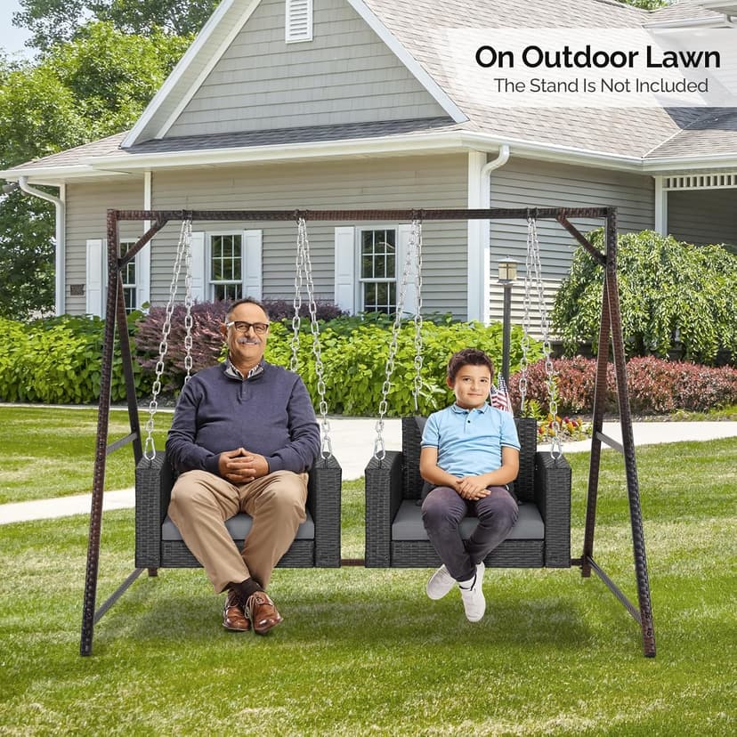 VINGLI 2.2 FT 1-Person Use Rattan Porch Swing Outdoor Support 440 LBS with Cushions & Adjustable Chains, Patio Wicker Swing Bench Chair for Garden, Yard, Lawn, Tree, Black