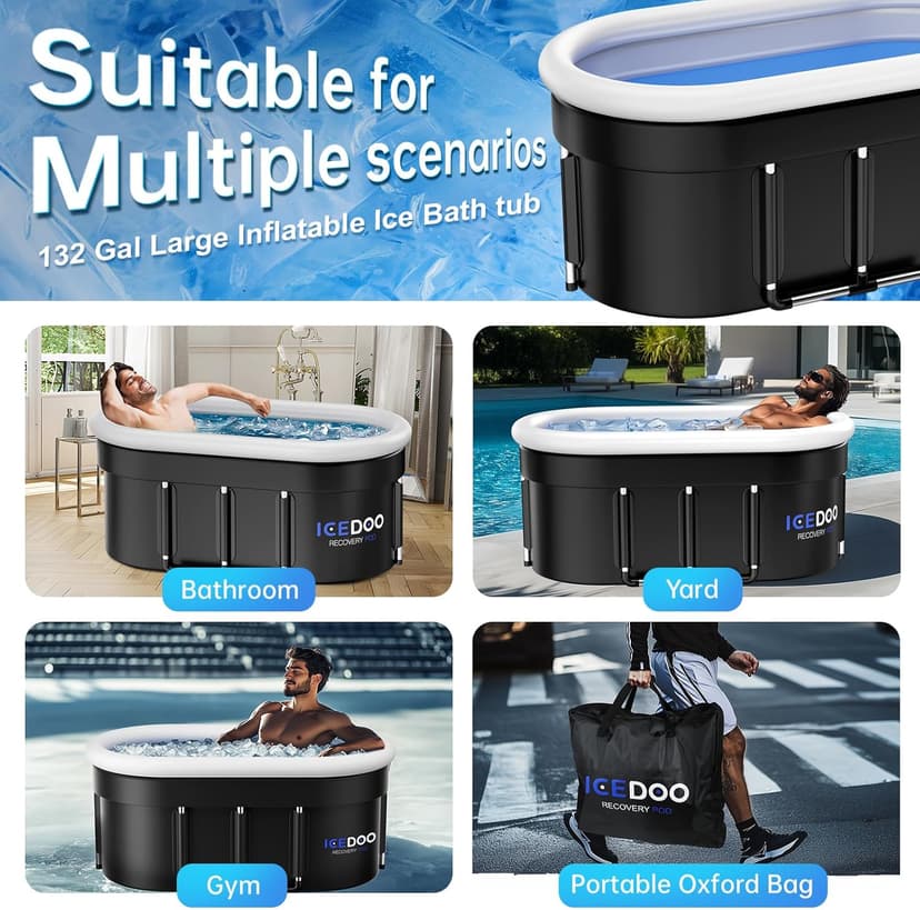 Upgraded 132 Gal XXL Large Oval Ice Bath with Air Ring, Multi-Layered Portable Cold Plunge Tub for Athletes, Foldable & Inflatable Full-Body Cold Tub Recovery at Home, Outdoors,Gym Use