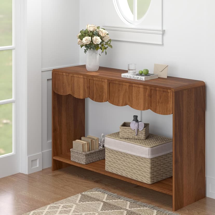 Console Table with Drawers, Mid-Century 43 Inches Narrow Entryway Tables with Open Storage Shelves, Hallway Accent Tables Behind Couch Table for Living Room - Walnut