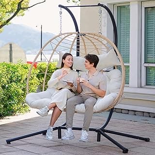 Easyego Double Egg Chair, 2-Person Hammock Chair with Stand, 660LBS Capacity, Thick Padded Cushion, UV Resistant PE Rattan Wicker, Indoor/Outdoor for Garden, Patio, Lawn, Bedroom, Balcony (Beige)