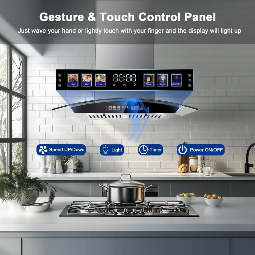 Island Range Hood 30 Inch 700 CFM Ceiling Mount Kitchen Vent Hood Tempered Glass with Color Gesture Sensing & Touch Control, 3 Speed Fan, 4 LED Lights, Permanent Filters