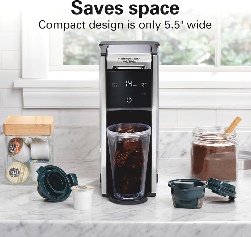 Hamilton Beach FlexBrew Advanced 4-in-1 Single Serve Hot & Iced Coffee Maker with Removable 45 oz. Water Reservoir, Use Pod Packs and Grounds, Fast Brewing, LED Touchscreen, Black (49925)