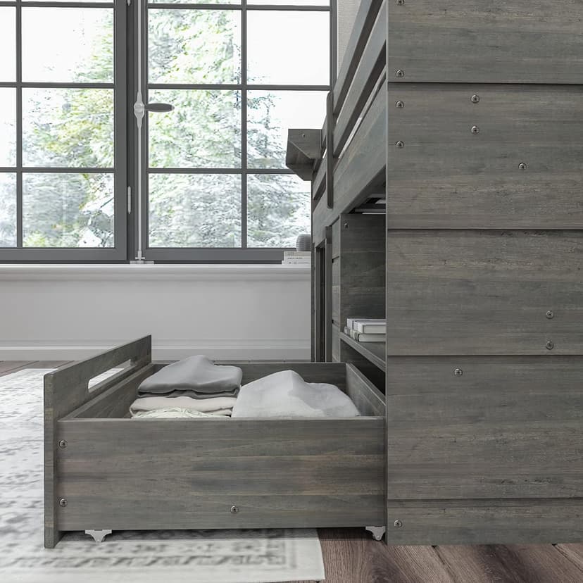 Max & Lily Loft Bed Twin Size, Solid Wood Low Loft Bed with Storage Drawer and Ladder, Modern Farmhouse Loft Bed for Kids, Driftwood