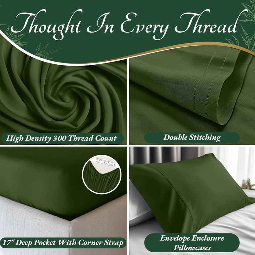 DECOLURE 100% Organic Viscose Derived from Bamboo Sheets Queen Size 6pcs - Ultra Soft & Luxuriously Cooling, 17" Deep Pocket, Double Stitching, Perfect for Hot Sleepers - Queen Bed Sheets (Olive)