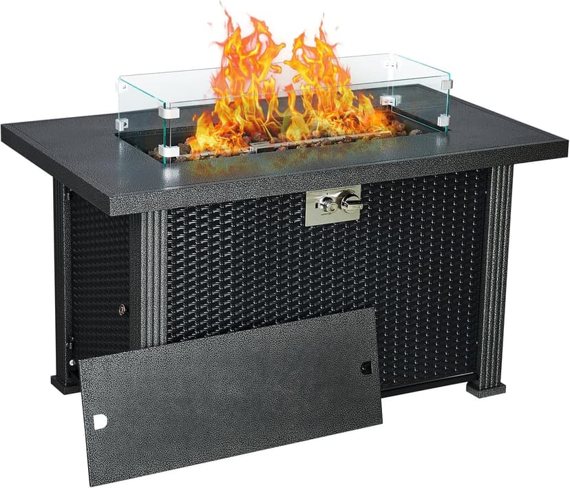 Outdoor Fire Table, 44 inch Rectangle Propane Gas Fire Pit Table, 50,000 BTU Modern Firepit with Wind Guard, Lava Rock, Rain Cover