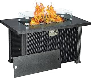 Outdoor Fire Table, 44 inch Rectangle Propane Gas Fire Pit Table, 50,000 BTU Modern Firepit with Wind Guard, Lava Rock, Rain Cover