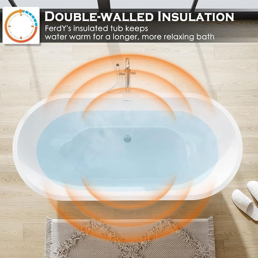 FerdY Bali 59" Acrylic Freestanding Bathtub, Gracefully Shaped Freestanding Soaking Bathtub, Toe-Tap Chrome Drain and Classic Slotted Overflow Included, Glossy White, cUPC Certified