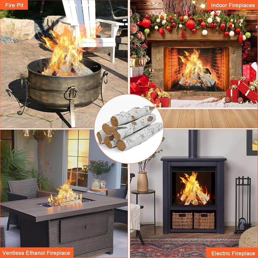 QuliMetal 6PCS Ceramic White Birch Gas Fireplace Logs Set – Realistic Fake Wood Logs for Indoor Inserts, Outdoor Fire Pits, Vented, Propane, Gel, Ethanol, and Electric Fireplaces