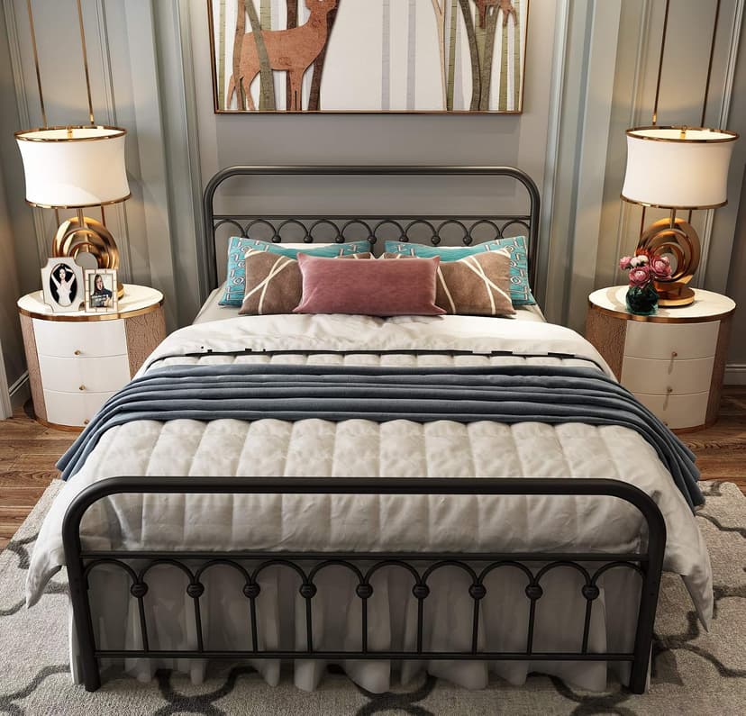 TUSEER Metal Bed Frame Queen Size with Vintage Headboard and Footboard Platform Base Wrought Iron Bed Frame (Queen,Black)