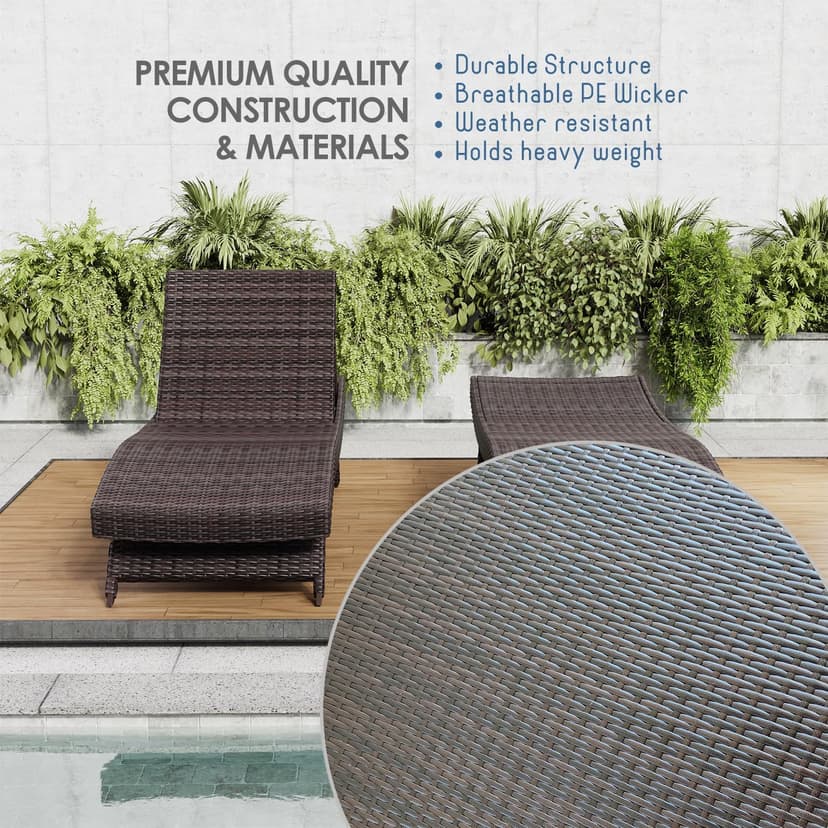Nestl Chaise Lounge Chair Outdoor Set of 2, Wicker Patio Lounge Chair, Outdoor Lounge Chair with Reclining Backrest