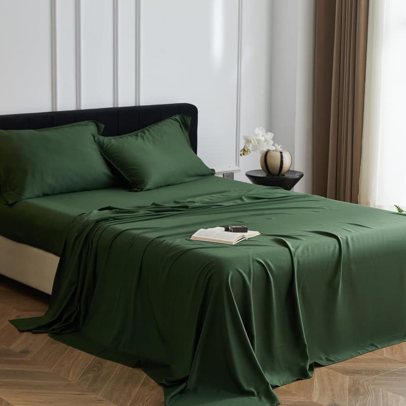 Simple&Opulence 100% Organic Viscose Derived from Bamboo Bed Sheet Set 4 Piece, Breathable Cooling Bedding Set with 15" Deep Pockets, Luxury Ultra Soft for Hot Sleepers (Dark Green,King)