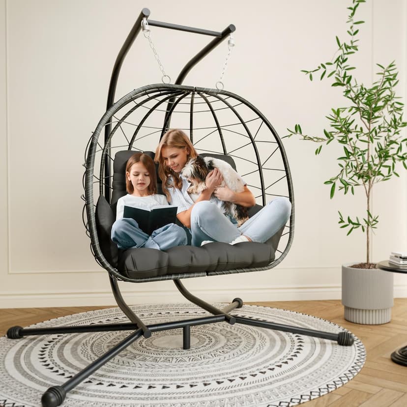 Pamapic Double Egg Chair wth Stand, 700 LBS Loveseat Rattan Swing Chair, UV Resistant Cushions with Armrests and Headrest, Thick Steel Frame Hammock Swing for Outdoor, Patio, Indoor(Grey)