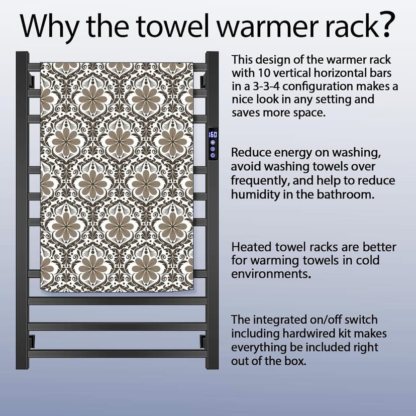 Black Towel Warmer Rack for Bathroom with Timer/Fahrenheit Display Electric Heated 10 Bars Drying Rail Plug-in or Hardwired Wall Mounted Heating Bath Towel Warming(Matte Black)
