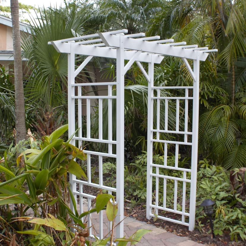 Dura-Trel Wellington Arbor, Vinyl Garden Archway for Outdoors, White, 72" x 85" - Backyard Decorative Arch for Pathways & Entrances w/ Trellis Sides for Climbing Plants, Vines & Flowers