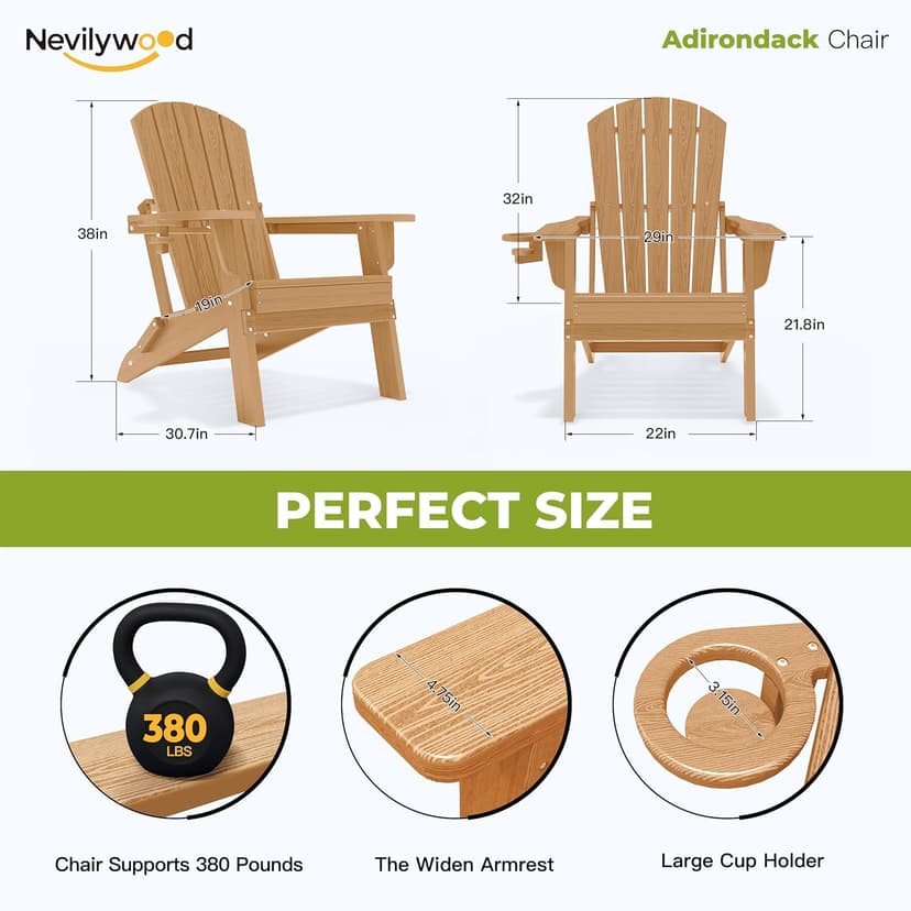 nevilywood Folding Adirondack Chair - Extended Ergonomic Backrest, Cup Holder - Easy Assembly - Durable HDPE Plastic, Weather Resistant & Maintenance-Free - Lawn, Patio, Deck Supports 400lbs Teak