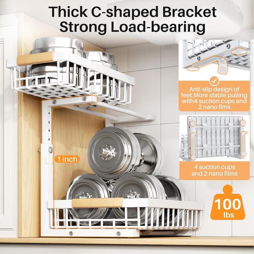 PXRACK 2 Pack Under Sink Organizer,Adjustable Height,2 Tier Pull Out Under Cabinet Organizer,Slide Out Thickened Metal Under Sink Storage for Kitchen Bathroom Laundry Cabinet Pantry,White