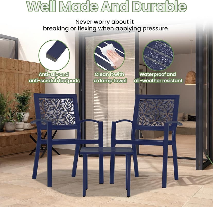 Outdoor Bistro Set for 2, Stackable Modern Porch Furniture Set,Waterproof Patio Furniture Set w/2 Chairs 1 Coffee Table,Bistro Set for Indoor Outdoor Porch Garden Patio Deck,Peacock Blue