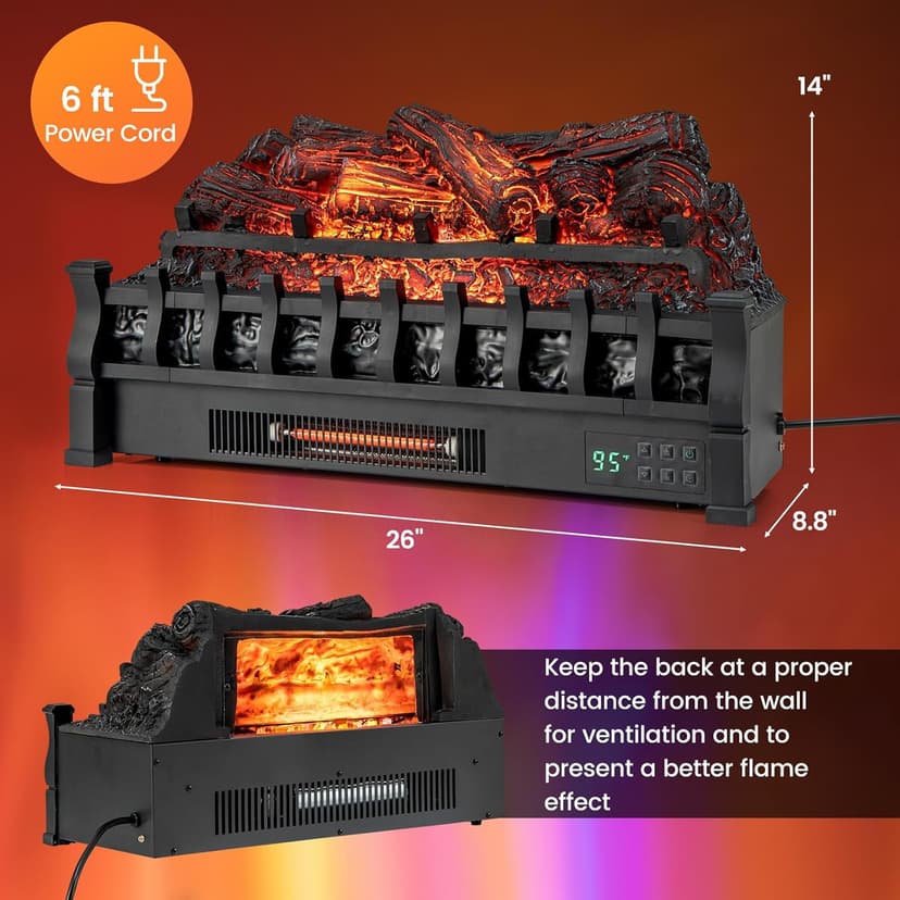 Tangkula 26” Infrared Quartz Electric Fireplace Log Heater with Realistic Pinewood Ember Bed, Electric Fireplace Heater Insert with Overheat Protection, Thermostat, 8H Timer, Remote Control, 1500W