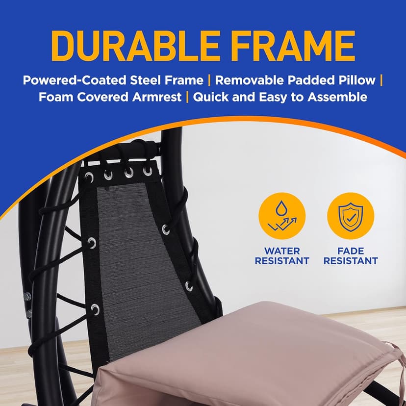 SereneLife Outdoor Hanging Curved Steel Chaise Lounge Swing Chair w/a Built-in Pillow and Removable Canopy UV Protection and Foam Covered Armrest