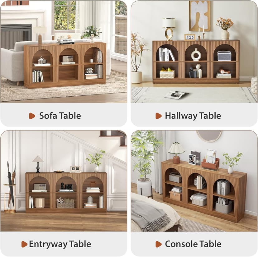 Console Table with 3-Tier Open Storage, 63" Arched Entryway Table with Carved Fluted Panels, Rectangular Wooden Sofa Table for Living Room, Hallway, or Behind Couch (1, Walnut)