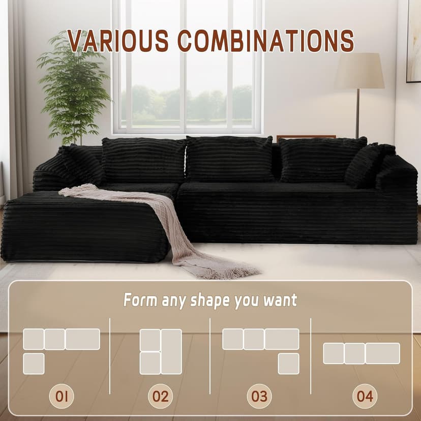 108" Sectional Couches for Living Room, Modular Sectional Sofa with L-Shape Chaise, Cloud Couch, Comfy Corduroy Fluffy Couch with Deep Seat and Side Pockets, No Assembly Required