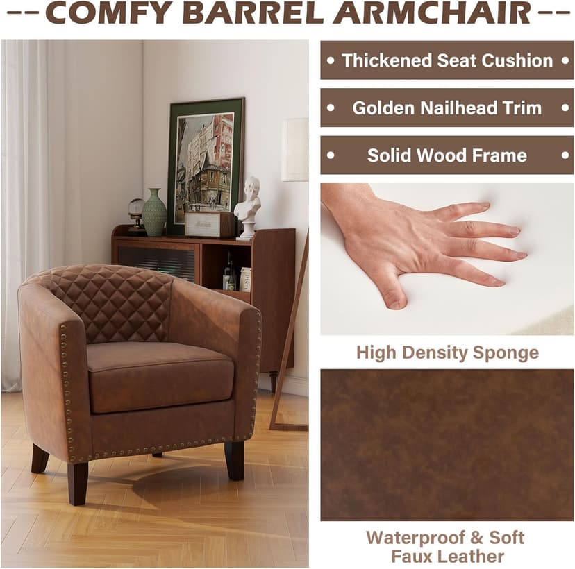 UIXE Faux Leather Accent Chairs Set of 2, Barrel Club Chair Modern Upholstered Armchair for Living Room, Comfy Nailed Trim Arm Chair Bedroom Reading Seat, Brown