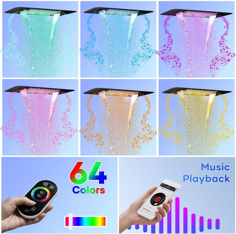 23" Full Body Thermostatic Shower System with Body Jets, Luxury LED Music Rainfall Waterfall Shower Jets System In Wall, Smart Ceiling Mount Multi Function Rain Shower Faucet Set