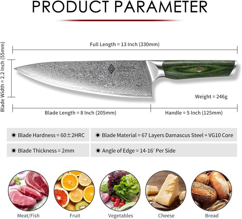 Damascus Chef Knife 8 Inch, Professional Japanese Kitchen Knives Sharp High Carbon Super Steel with Ergonomic Pakkawood Handles, Elegant Gift Box Packaging