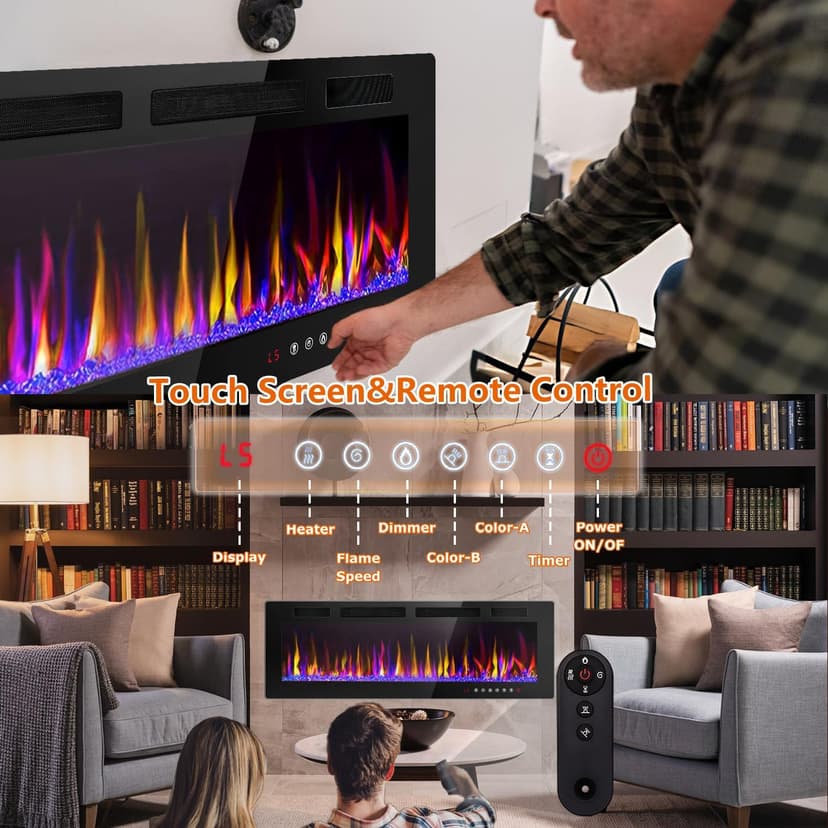 LEMBERI 72 inch Electric Fireplace Recessed and Wall Mounted,750/1500W Fireplace Heater and Linear Fireplace with Touch Screen Control Panel, Timer,Remote Control,Adjustable Flame Color and Speed
