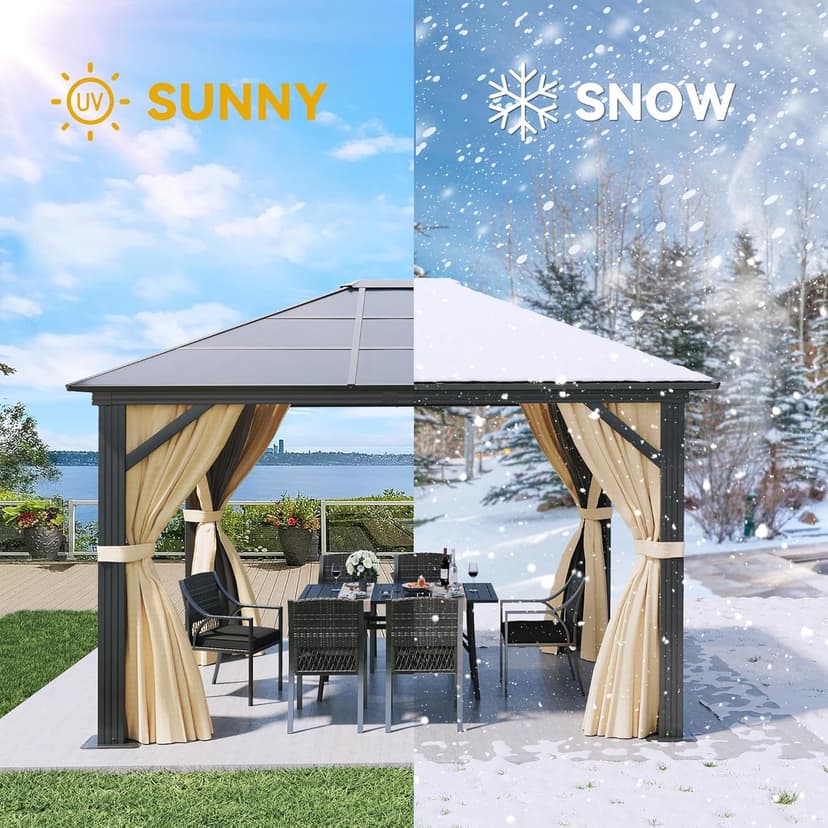 YITAHOME 10x12 Polycarbonate Gazebo Hardtop Outdoor Canopy with Netting and Shaded Curtains, Aluminum Frame Garden Tent for Patio, Backyard, Deck and Lawns, Brown