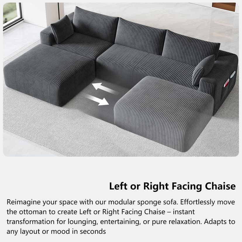 110”Modern Modular L-Shape Couch with Chaise, Modular Sectional Couches for Living Room, Deep Seat Boneless Sofa Bed, No Assembly Required Sleeper Sofa, Plush Corduroy Fabric, Dark Gray