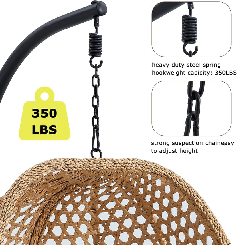 Hanging Egg Chair with Stand & Cushions, Outdoor and Indoor Hammock Rattan Swing Chair 350 lbs Capacity with Aluminum Steel Frame for Patio, Balcony, Backyard and Living Spaces (Light Brown)