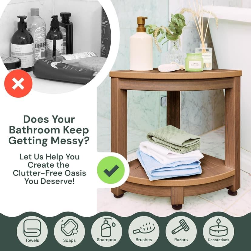 Waterproof Corner Shower Stool - Brown Waterproof Shower Bench for Shaving Legs & to Sit On - Easily Assembled Corner Bench & Shelf - Restroom Organizer - Bathroom Stool