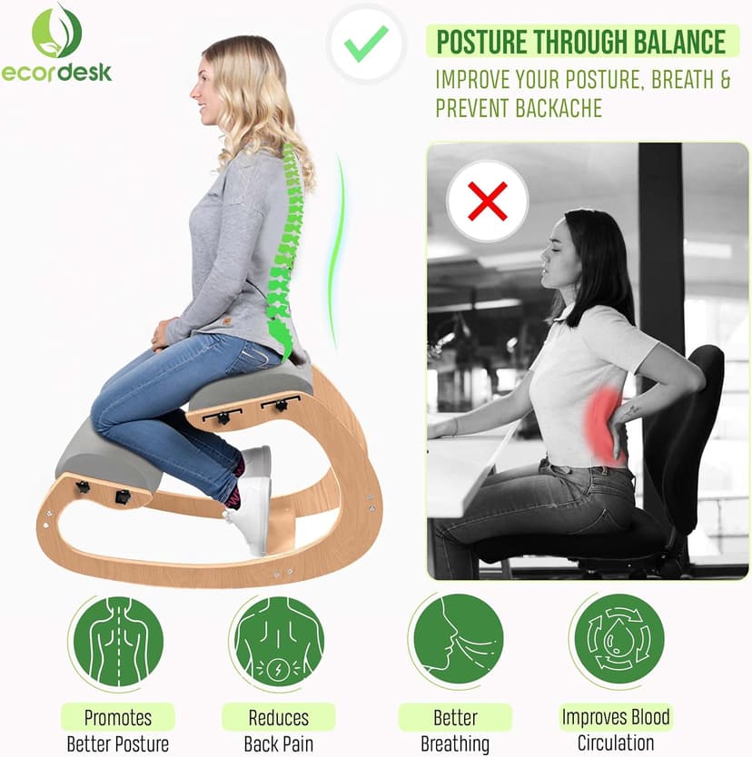 Ergonomic Kneeling Chair, Adjustable Seat - Office Chair for Desk, Posture Corrector, Premium Comfort Cushion, Wooden Rocking Knee Chair (Grey)