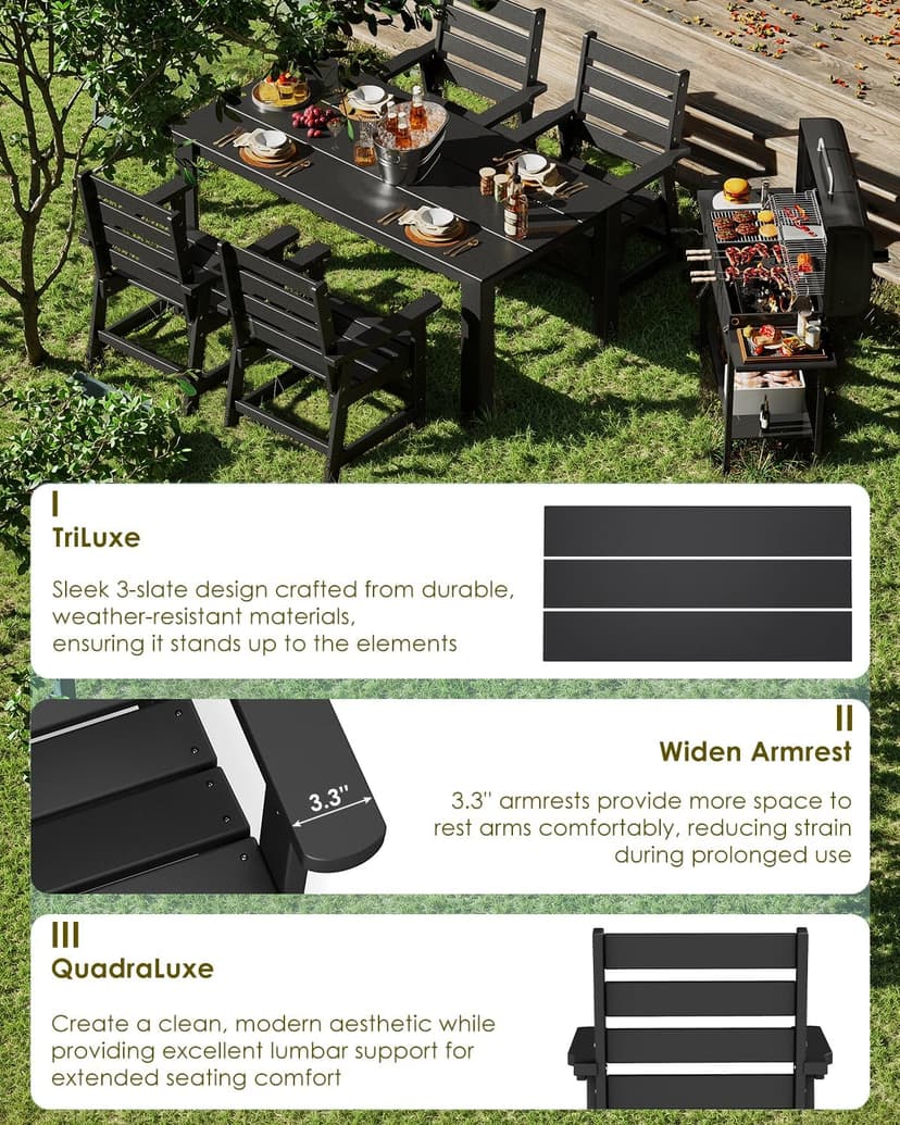GREENVINES 7-Piece Outdoor-Dining-Set | HDPE Plastic 67'' Table and Chairs Sets for 6 | Patio Furniture | All Weather | Umbrella Hole | Black | for Poolside Garden Backyard