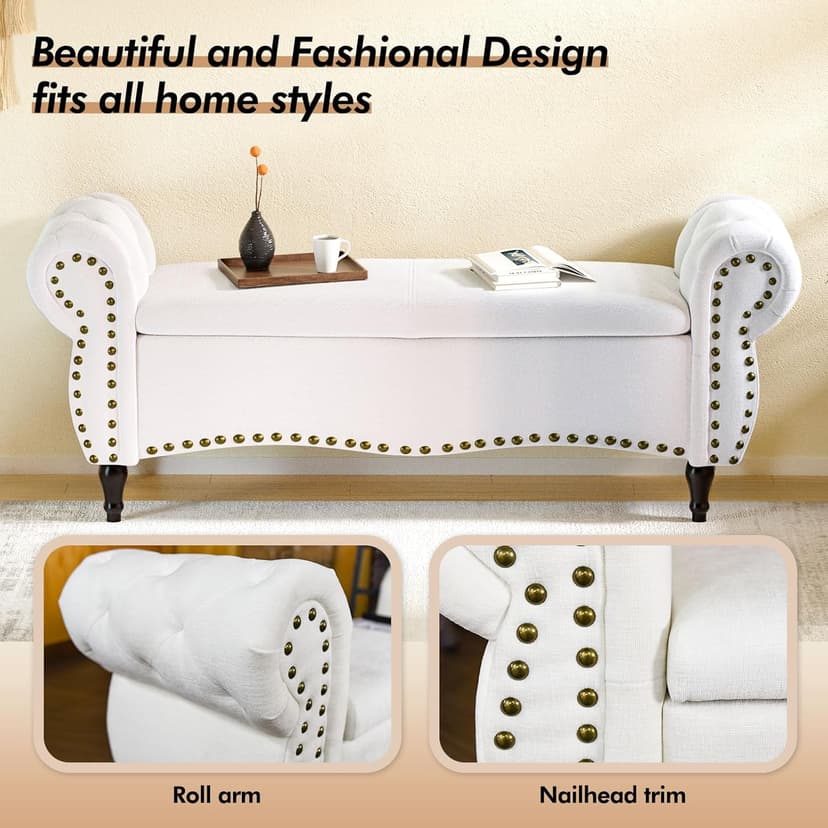 Storage Ottoman Bench, 53" Length Upholstered Bench & Ottoman with Safety Hinge, Tufted Bed Bench with Rolled Arm and Nailhead Trim, End of Bed Storage Bench for Bedroom, Living Room, Entryway