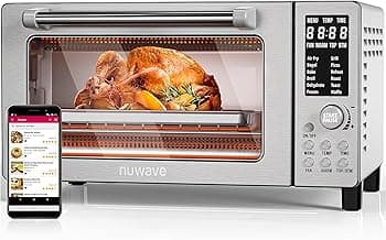 Nuwave Bravo Air Fryer Toaster Smart Oven, 10-in-1 Countertop Convection, 1800 Watts, 21-Qt Capacity, 50°-450°F Temp Controls, Top and Bottom Heater Adjustments 0%-100%, PFAS Free, Stainless Steel