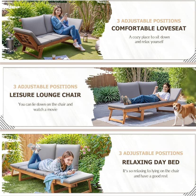 Devoko Outdoor Couch Acacia Wood Patio Couch with Adjustable Armrests, Outdoor Convertible Sofa with Removable Cushions & Pillows for Patio, Porch, Poolside(Grey)