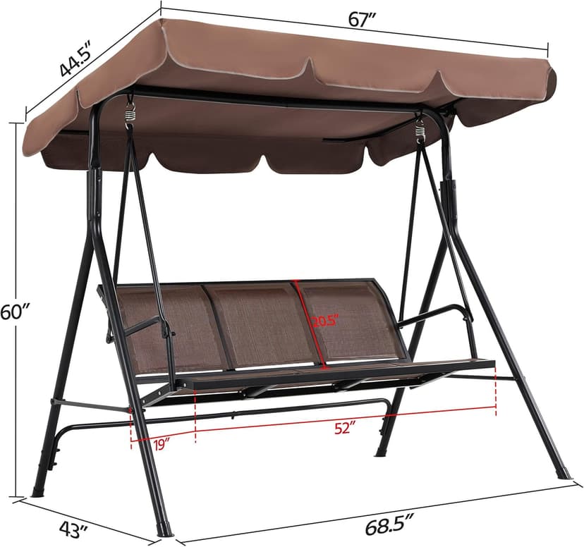 Yaheetech Outdoor Porch Swing Chair for Adults, 3-Seat Patio Hanging Swing w/Adjustable Canopy, Armrests, Porch Swing Sets w/Stand, Breathable Fabric for Backyard/Garden/Balcony, Dark Brown