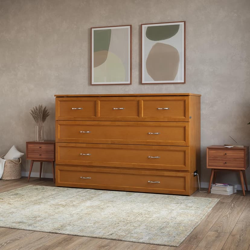 AFI, Northfield Queen Murphy Bed Chest with 6" Mattress, Storage Drawer & Built-in USB Charger, Light Toffee