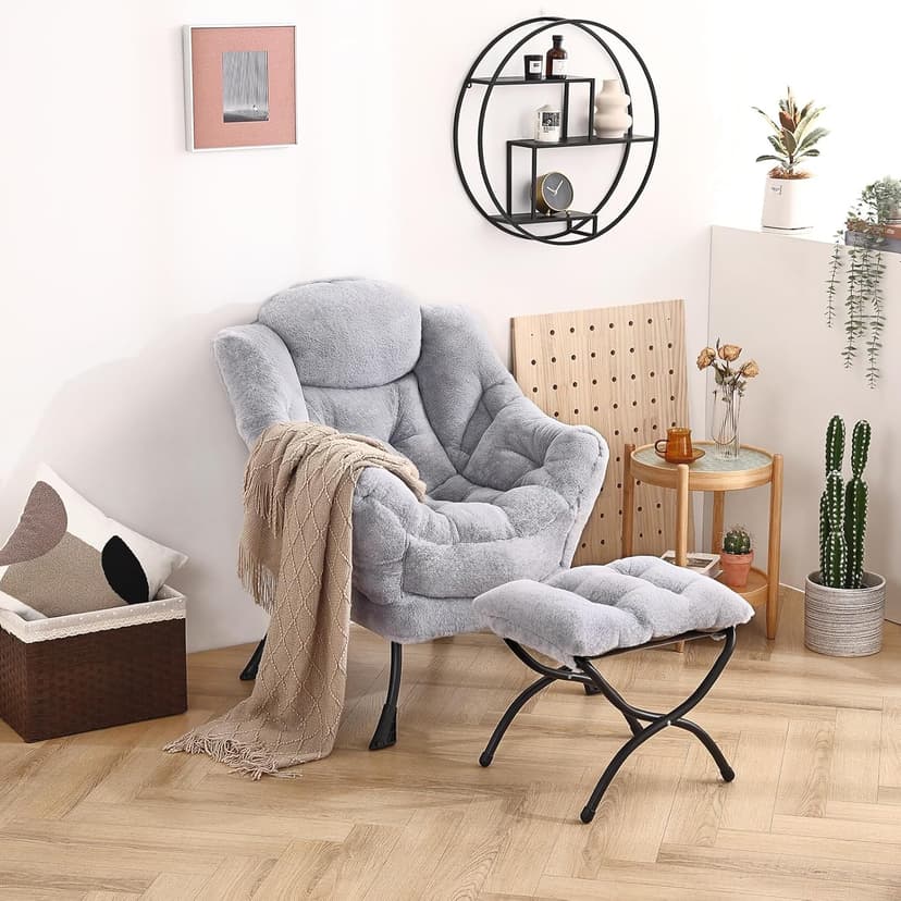 Welnow Lazy Chair with Ottoman, Modern Lounge Accent Chair with Armrests and a Side Pocket, Leisure Sofa Armchair, Reading Armchair with Footrest for Small Space, Plush Grey