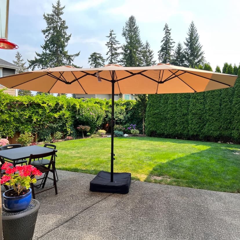 15ft Patio Umbrella with Base Included, Double Sided Outdoor Large Rectangular Patio Umbrella with Crank Handle, for Lawn Garden, Khaki