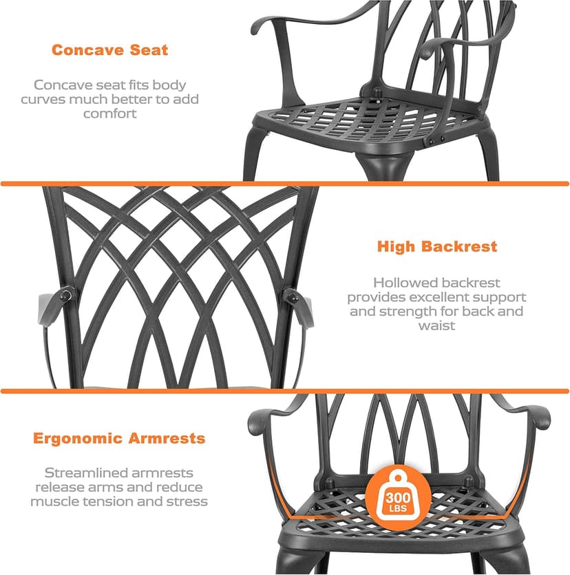NUU GARDEN Patio Bistro Sets 3 Piece Cast Aluminum Bistro Table and Chairs Set with Umbrella Hole Bistro Set of 2 for Patio Backyard, Black