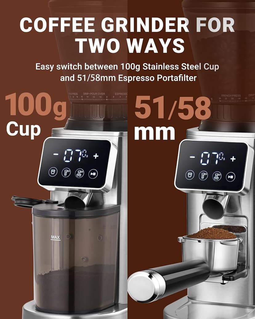 AMZCHEF Coffee Grinder, Coffee Bean Grinder for Home Use with Precise Grinding, LED Control Panel, Detachable Funnel Stand, Anti-static Design, 48 Grind Settings, silver